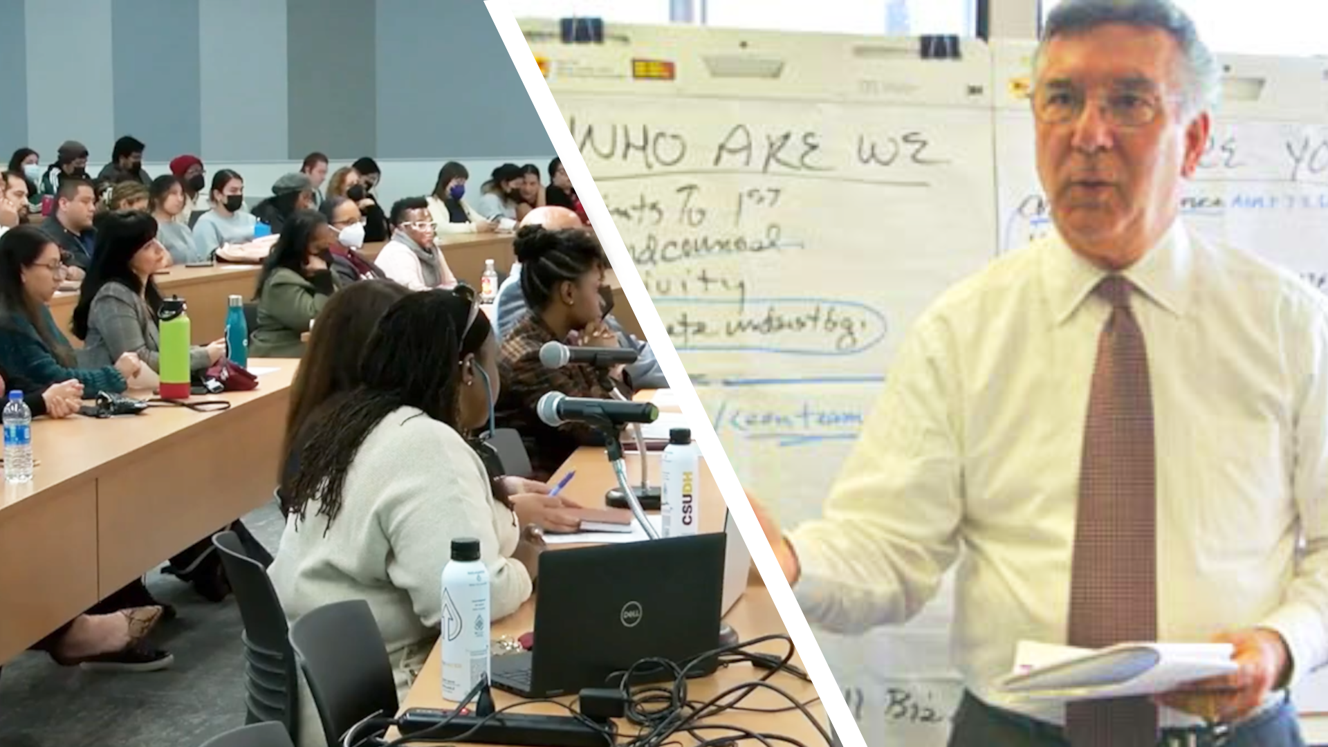The image is divided in two. On the left: a group of students listening to a seminar. On the right: Dr. Allan Colman speaking in front of a whiteboard.